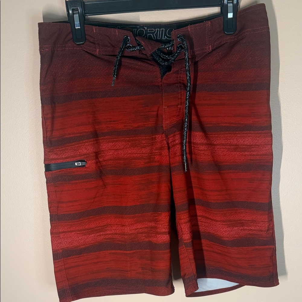 Men's Red Striped Swim Board Shorts with Secure Zip Pocket